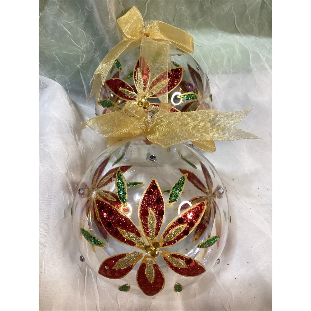 Hand-Blow & Painted Poinsettia  Art Glass Christmas Ornament Set Glitter & Gold